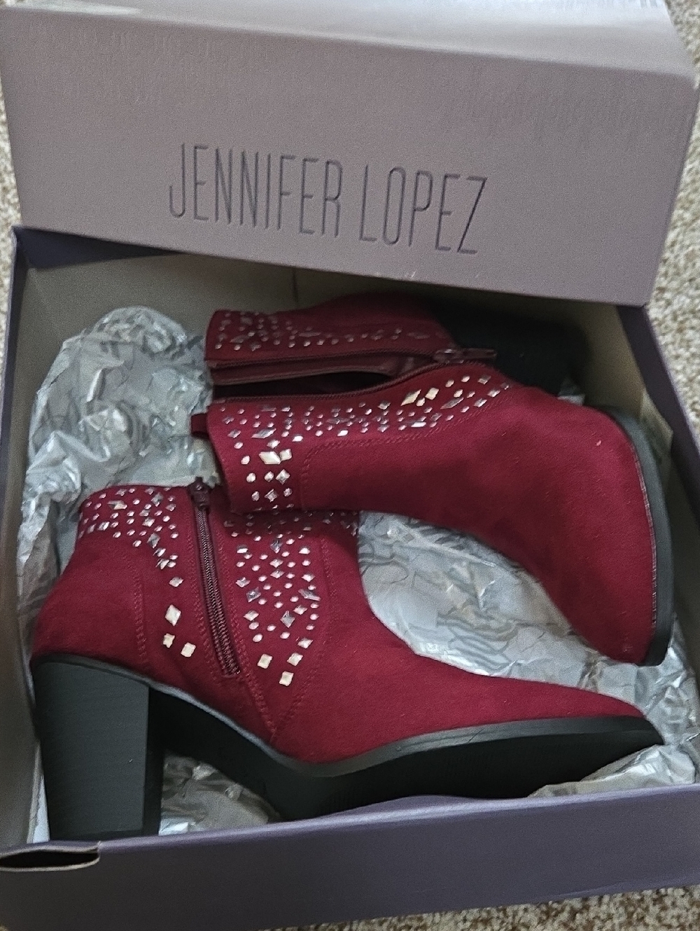 Jennifer Lopez Wine Red Studded Suede Ankle Booties